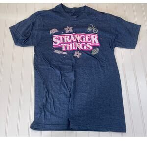 Netflix Stranger Things Crew Neck Short Sleeve Shirt Blue Pink Size Adult Small